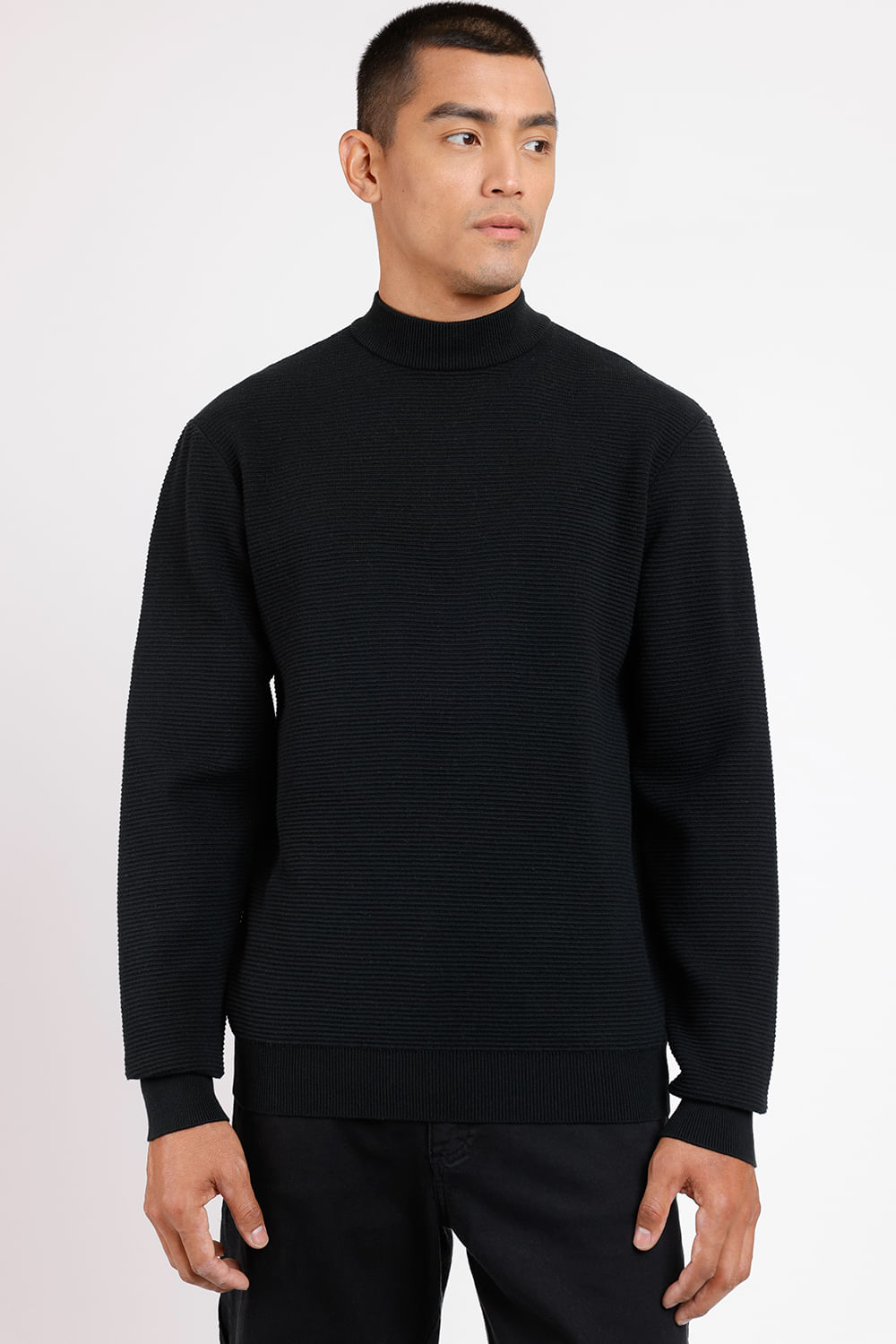 Tricot Manga Longa Gola Midi Nervuras Preto