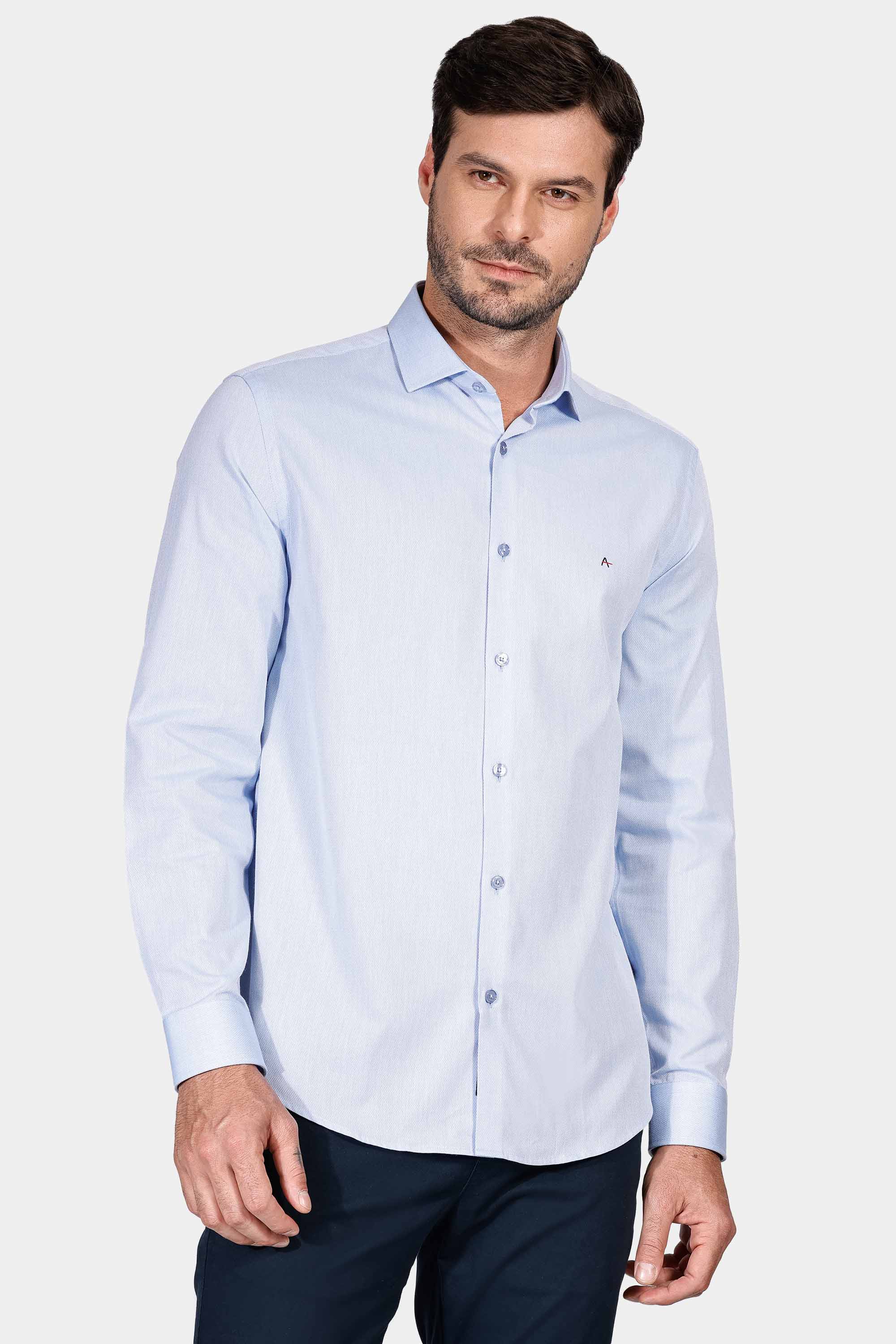 Camisa Regular Tricoline Maquinetada Fio 40 Azul