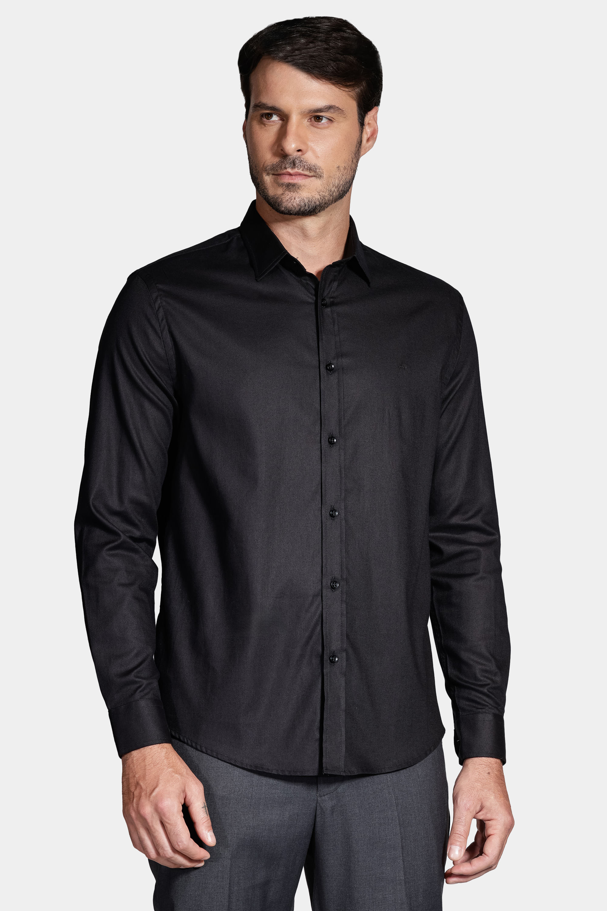 Camisa Manga Longa Cosmo Slim Stretch Maquinetada Lisa Preto