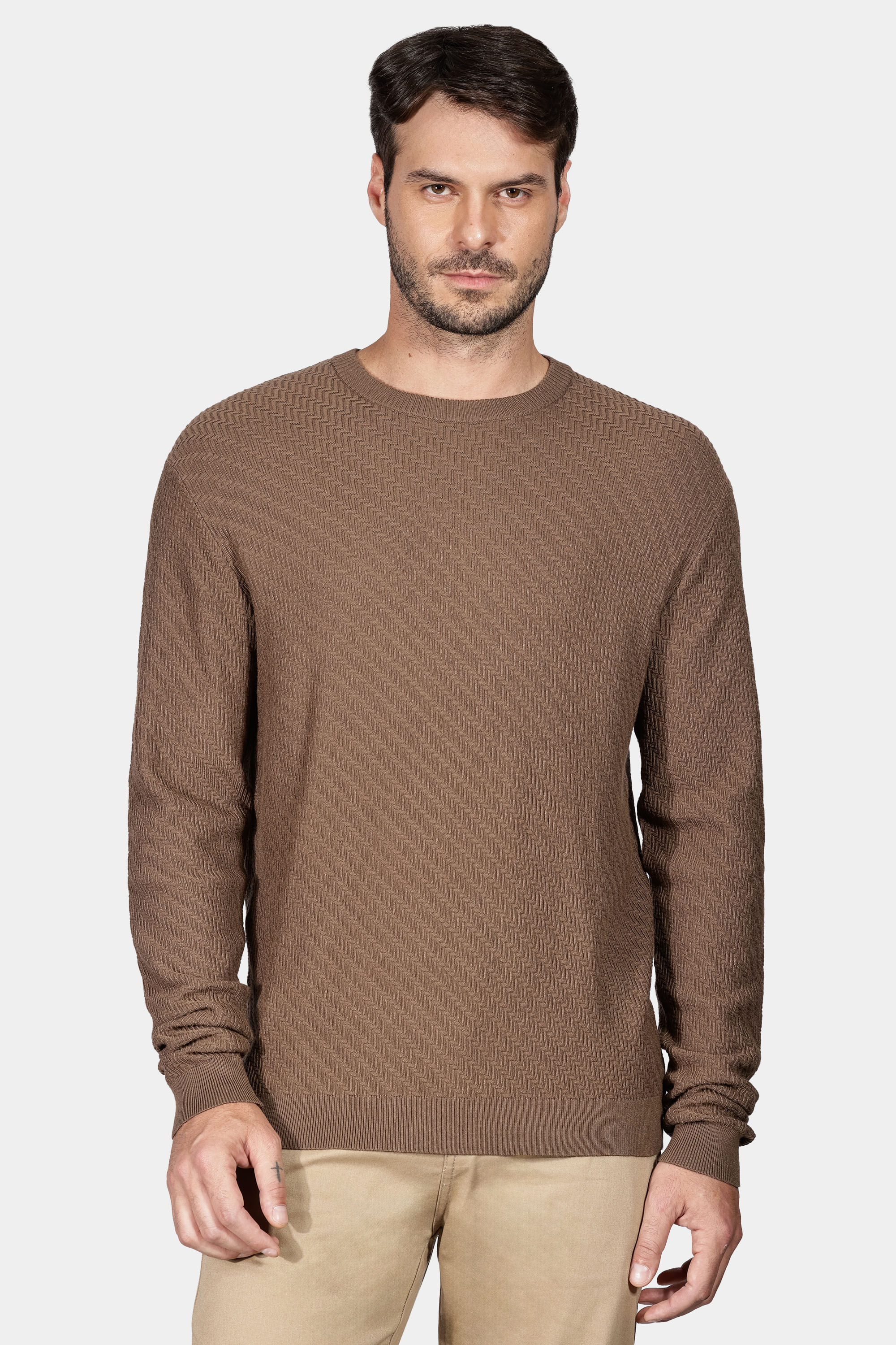 Tricot Manga Longa Jacquard Chevron Ocre